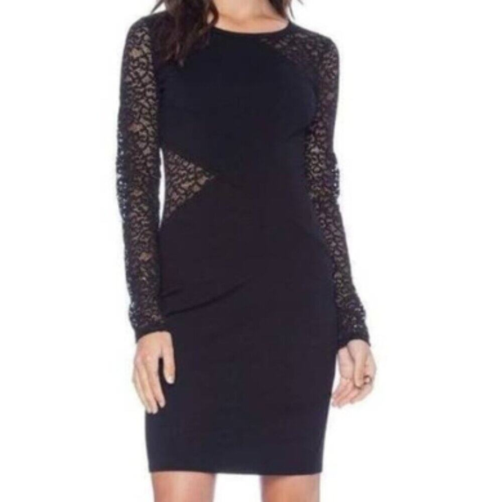 BCBGMAXAZRIA Women’s Cocktail Formal Black Lace Sheath Jorden Dress long sleeve